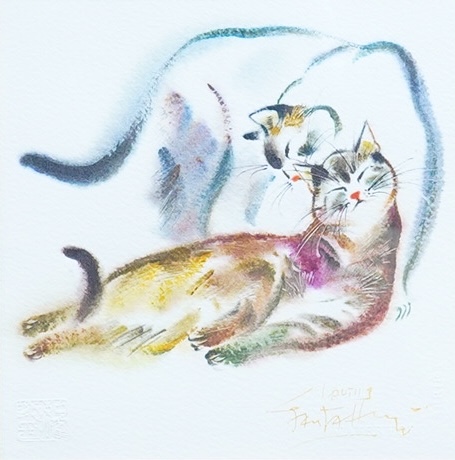 Contemporary watercolour, Malaysian cats, indistinctly signed, blindstamped, 17 x 17cm